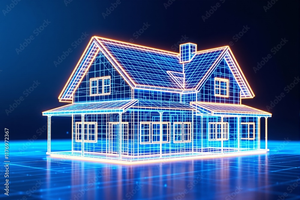 Aufkleber digital wireframe of a house illuminated with neon lights against a dark blue background.