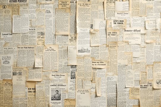Vintage newspaper clippings arranged on a wall background.
