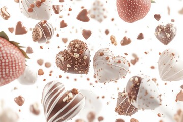 Two candies in heart shape floating in space, a romance love concept for February 14th or marriage anniversary. A minimalist background in white, pink and chocolate with sweets, nuts, and topping