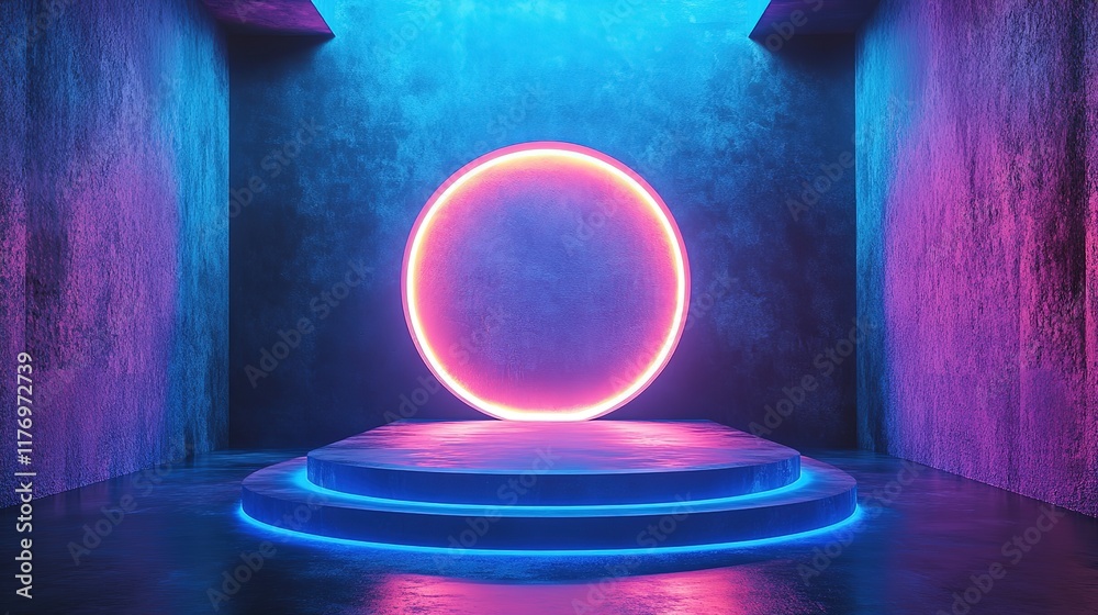 Poster a futuristic 3d podium with a glowing circular design serves as a high-tech stage for a product disp