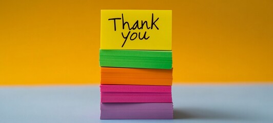 Pile of Multicolored Sticky Notes with  Thank You  Handwritten Message on Bright Yellow and Orange Studio Background Concept of Gratitude Appreciation and Positive Communication