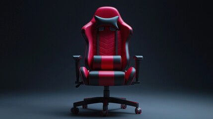 Fototapeta premium Red and black gaming chair in dark studio, ready for action.