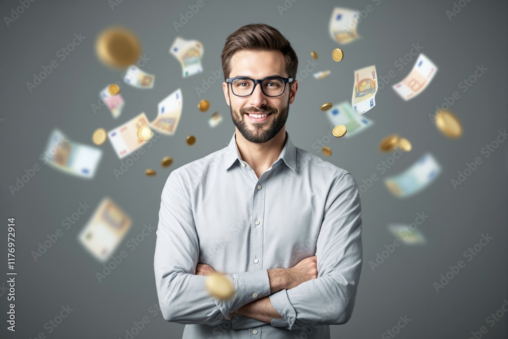 Aufkleber smiling man with glasses and crossed arms, surrounded by floating euro bills and coins on a gray bac