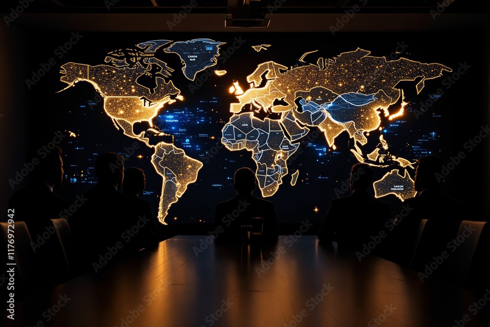 Poster illuminated world map with glowing outlines in a dark room viewed by silhouetted individuals.