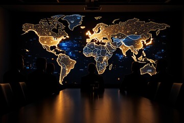 Illuminated world map with glowing outlines in a dark room viewed by silhouetted individuals.