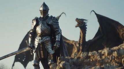 Obraz premium A knight in armor stands confidently with a dragon in the background, evoking fantasy themes.