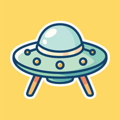 Cartoon UFO Spaceship with Green Dome and Landing Legs on Yellow Background