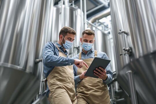Brewery workers wearing masks discussing production processes using a tablet in a stainless-steel equipment background.