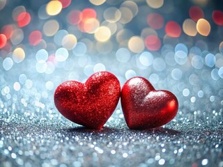 Obraz premium Romantic Valentine's Day Background: Red Hearts on Silver Glitter Bokeh