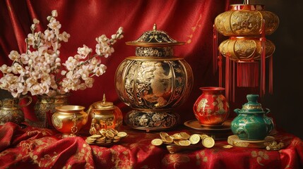 Obraz premium A luxurious Chinese New Year frame with ornate lanterns, golden coins, and jade accents on a red silk tablecloth