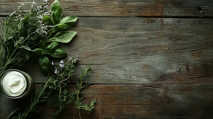 Sour cream with herbs and a spoon on a wooden table.