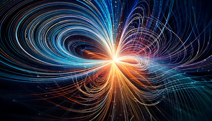 Stunning abstract image of vibrant, swirling light trails.  Perfect for technology, science, energy, or futuristic designs. Evokes concepts of speed, connectivity, and innovation.