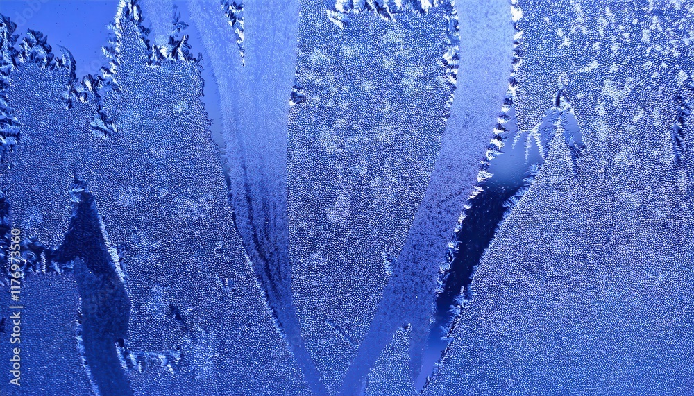 Aufkleber macro view of frost patterns on glass with feathery crystals and dew drops, capturing nature’s froze