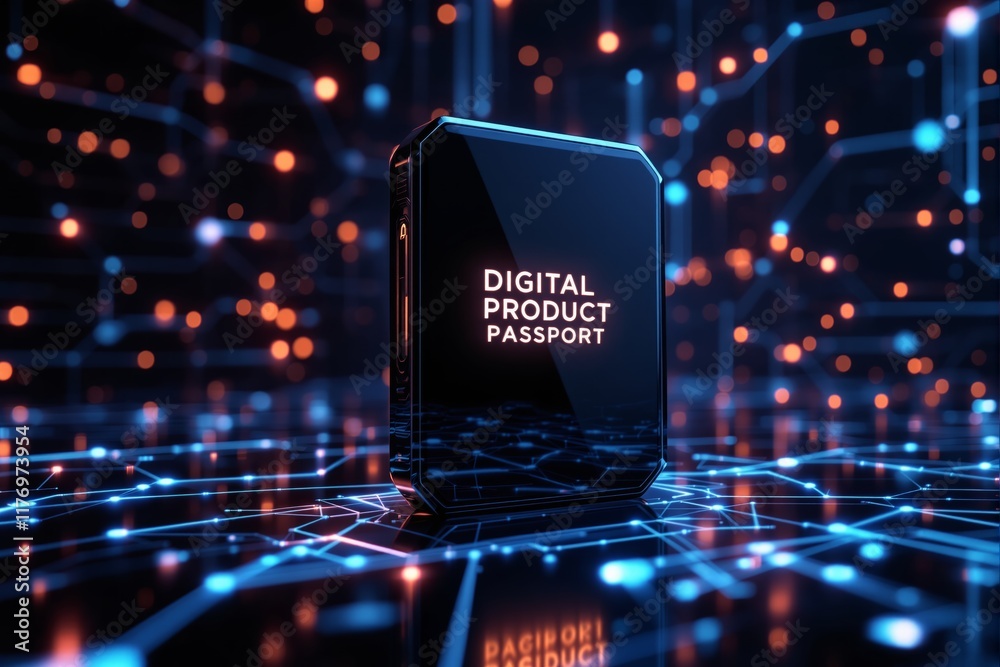 Poster Digital product passport with glowing futuristic design on a cyber network background.