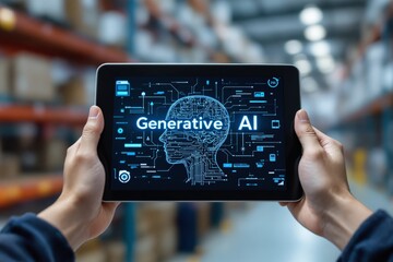 Hands holding a tablet displaying "Generative AI" with a digital brain illustration in a warehouse background.