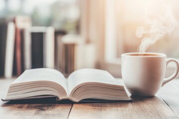 Serene Morning Scene Featuring a Steaming Cup of Coffee Beside an Open Book on a Rustic Wooden Table Bathed in Warm Early Sunlight with a Blurred Garden Background