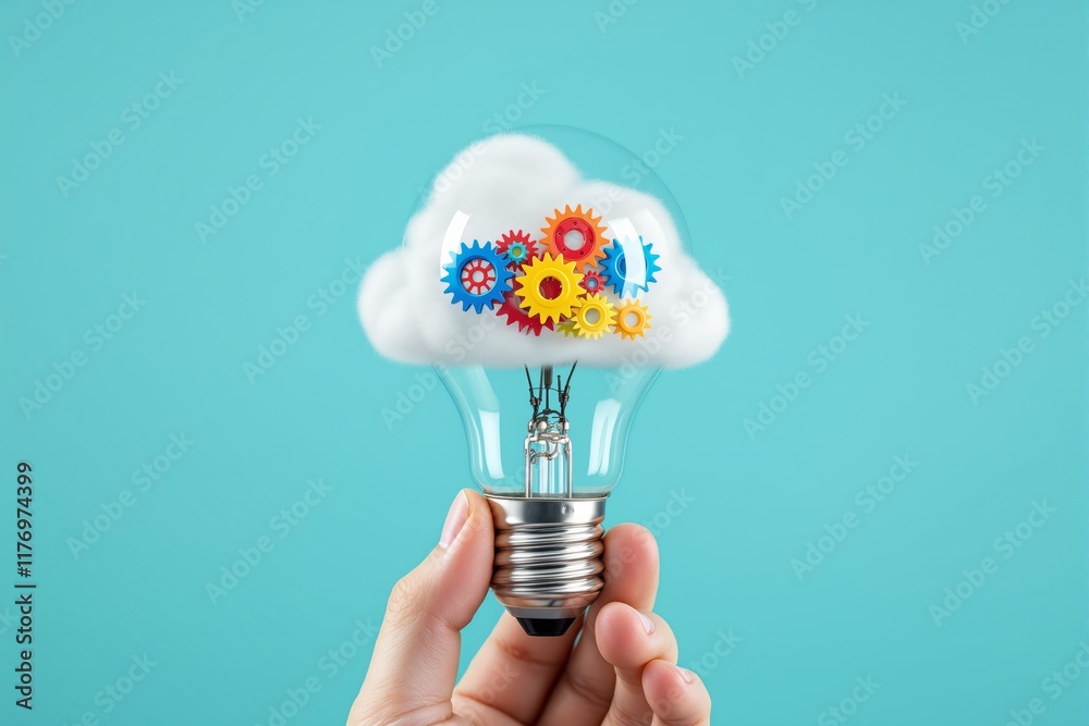 Poster light bulb with cloud and colorful gears inside on blue background, symbolizing innovation, creativi