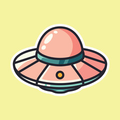 Cute Cartoon UFO with Dome and Beam of Light on Yellow Background