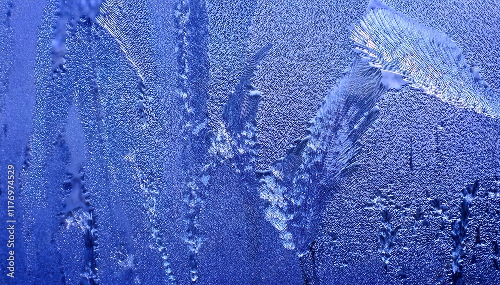 Poster Macro View of Frost Patterns on Glass with Feathery Crystals and Dew Drops, Capturing Nature’s Frozen Abstract Art for Winter Themes