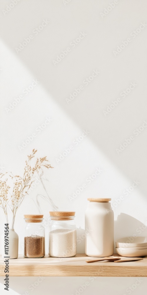 Poster minimalist kitchen shelf with jars and spices in sunlight