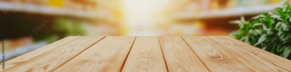 Poster warm rustic wooden table with blurred grocery store background featuring fresh produce