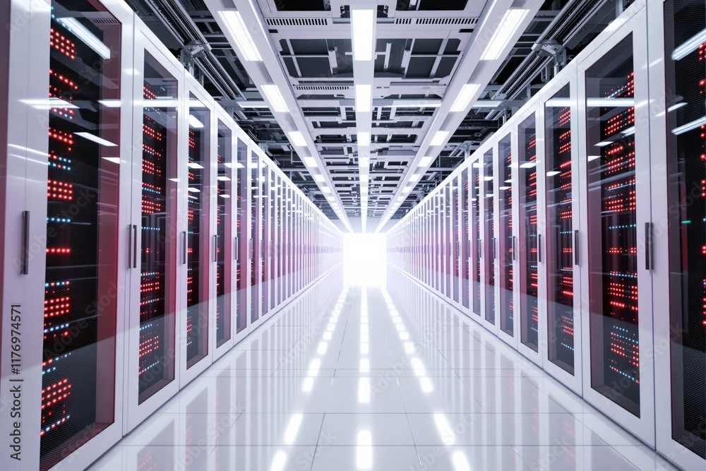 Poster bright data center corridor with glowing servers and white reflective floor.