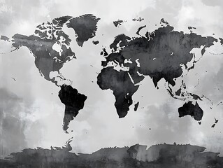 Abstract World Map with Dark Gray Continents, Minimalist Design, and 3D Relief Texture for Modern Graphic Design and Geographical Illustrations