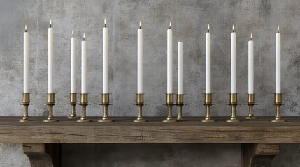 Elegant Candle Holders on a Rustic Wooden Tabletop.  A warm and inviting display of candles in antique brass holders, perfect for a cozy home ambiance.