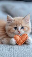 playful kitten holding heart shaped yarn, exuding cuteness and charm