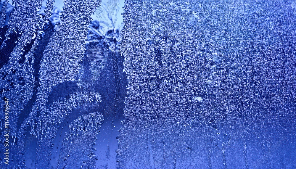 Poster Macro View of Frost Patterns on Glass with Feathery Crystals and Dew Drops, Capturing Nature’s Frozen Abstract Art for Winter Themes