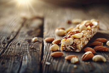 Crunchy Almond Snack Bar with Cashews and Honey, Copy Space