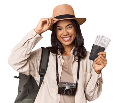 Young filipino woman with tickets and camera ready to travel