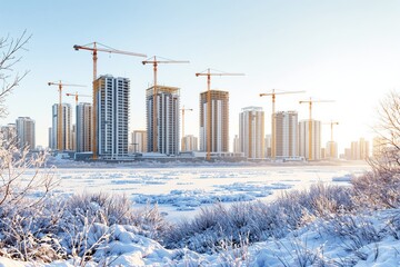 Obraz premium Construction site of modern high-rise buildings with cranes in a snowy winter landscape under soft sunlight background.