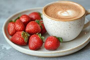 Cups of coffee with fresh strawberries served on a plate at a modern cafe