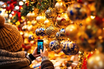 Person taking photo of festive Christmas ornaments with a smartphone in a vibrant market decorated with golden and blue baubles.