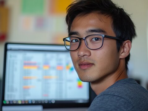 Focused Young Asian Man Analyzing Data on Laptop - Powered by Adobe