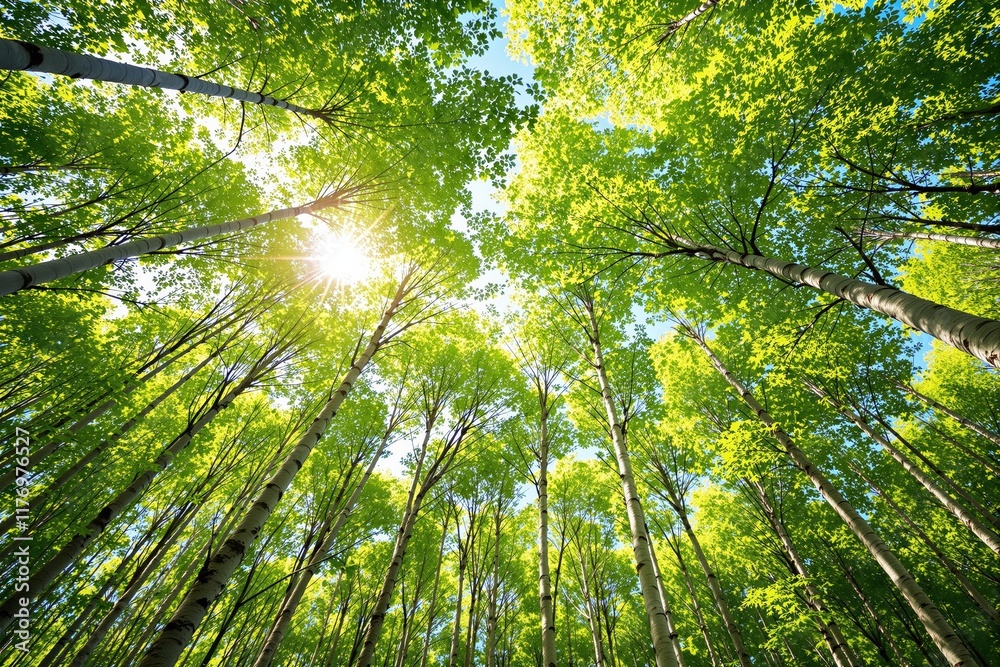 Aufkleber scenic view of tall green trees and sunlight filtering through leaves in a forest.
