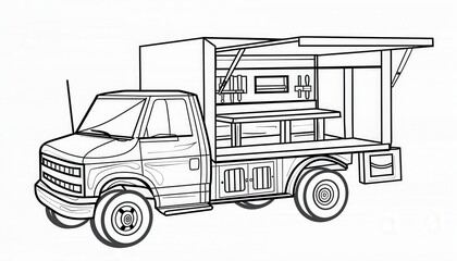 A handyman's truck equipped with tools and a workbench. Perfect for coloring pages or educational materials about professions.