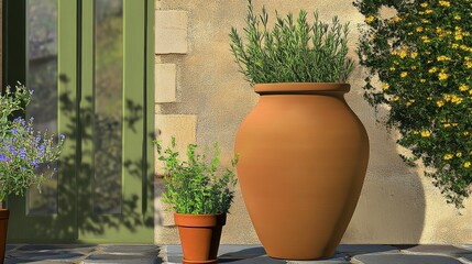 Fototapeta premium Rustic Terracotta Planter with Vibrant Herbs and Flowers - A Charming Outdoor Garden