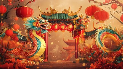 Obraz premium A vibrant Chinese New Year frame with colorful dragon dance performers, bright lanterns, and red banners fluttering in the wind