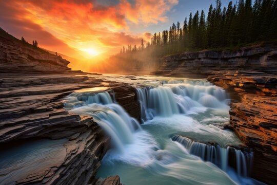 Scenic view of athabasca falls flowing over rock formations at sunrise in jasper national park, alberta, canada