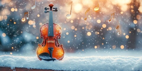 Ethereal Winter Symphony Violin with Floating Musical Notes Over Snow