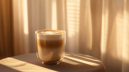 Enjoying a Warm Latte Coffee as Sunlight Filters Through Soft Curtains in a Cozy Space