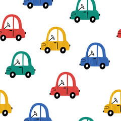 Seamless vector pattern with cute cars. Drawing for children's textiles with fun cartoon auto transport for boys. Kids car background. Scandinavian style. Hand drawn childish wallpaper, textile print