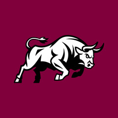 Bold Black and White Graphic Illustration of Charging Bull Animal in Profile for Strength or Market Symbol