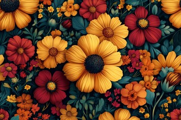 Vibrant floral display featuring orange, yellow, and red flowers in a lush arrangement