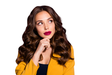 Photo of pensive pondering attractive woman planning development of her company isolated with purple background