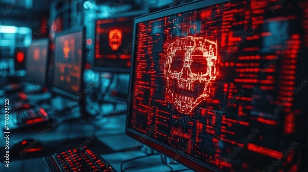 Poster red skull warning on computer screens in a dark room with digital glitches and programming code elem