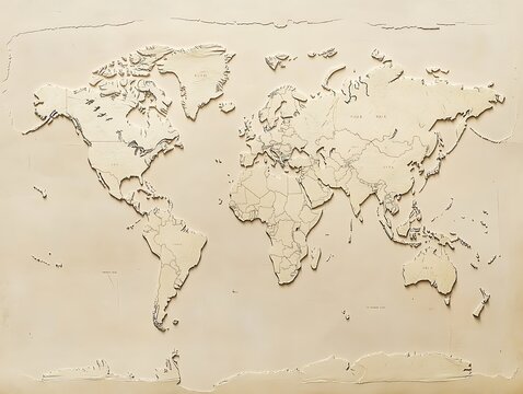 Abstract World Map with Dark Gray Continents, Minimalist Design, and 3D Relief Texture for Modern Graphic Design and Geographical Illustrations