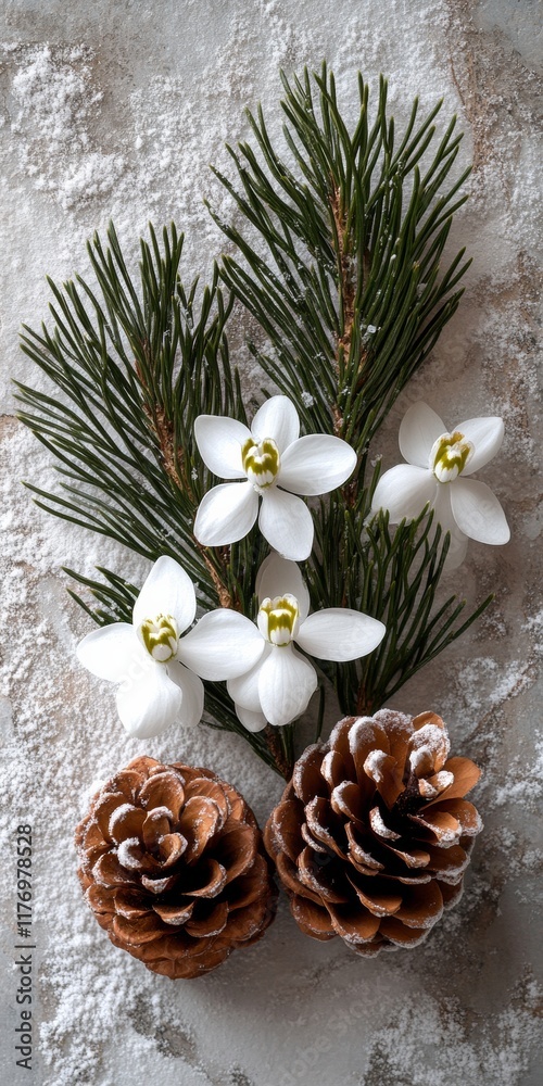 Poster elegant winter arrangement with snowdrop flowers and pinecones on a textured background